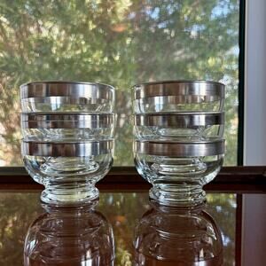 Set of 6 Vintage Glass Dessert Cups Bowls with MCM Silver Banded Rim